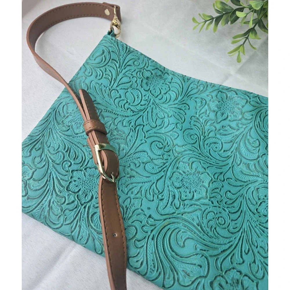Makeup Junkie Bags Turquoise Dream Crossbody Clutch Tooled Western Floral Boho